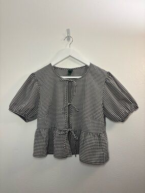 Wild Fable Black & White Gingham Tie-Front Peplum Top Size Medium